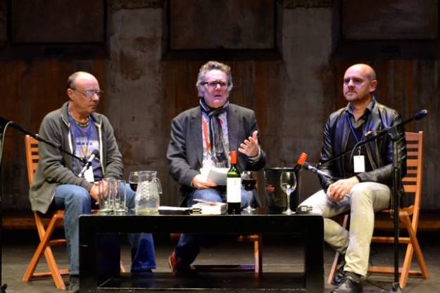 Craig Bartholomew Strydom and Stephen ‘Sugar’ Segerman with Andrew Donaldson at Open Book 2015 (Photo: Books Live)